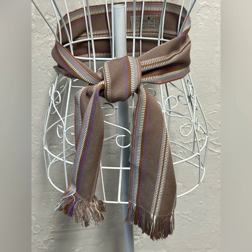 Vintage Claiborne Brown Coral Taupe Purple Striped Tapestry Tie Belt w/ Fringe
